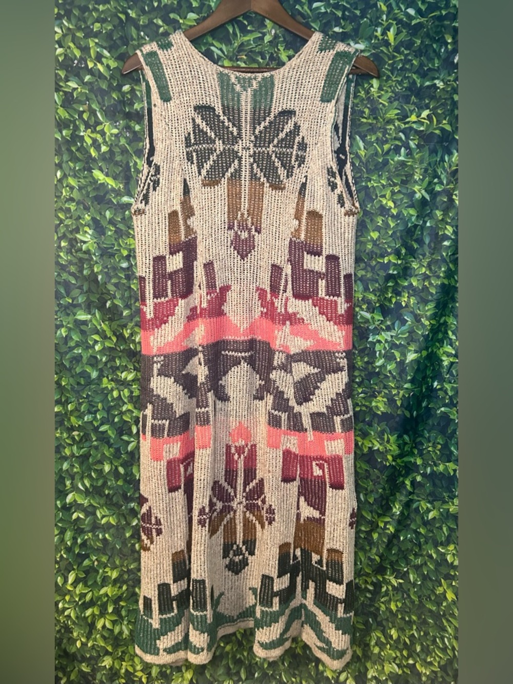 Sleeveless Knit Aztec Print Vest Dress in Beige and Multi
